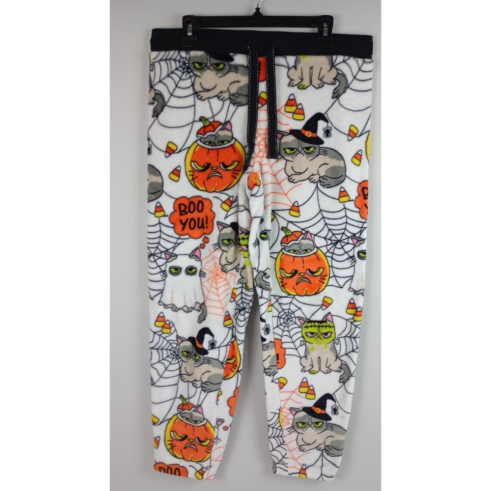 Grumpy Cat Women's L 12-14 White Halloween Fuzzy Fleece Drawstring Pants